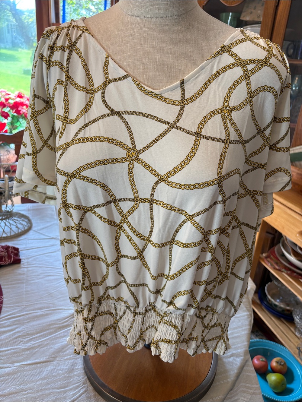 Michael Kors NWT women’s L bone and gold chain logo print blouse top